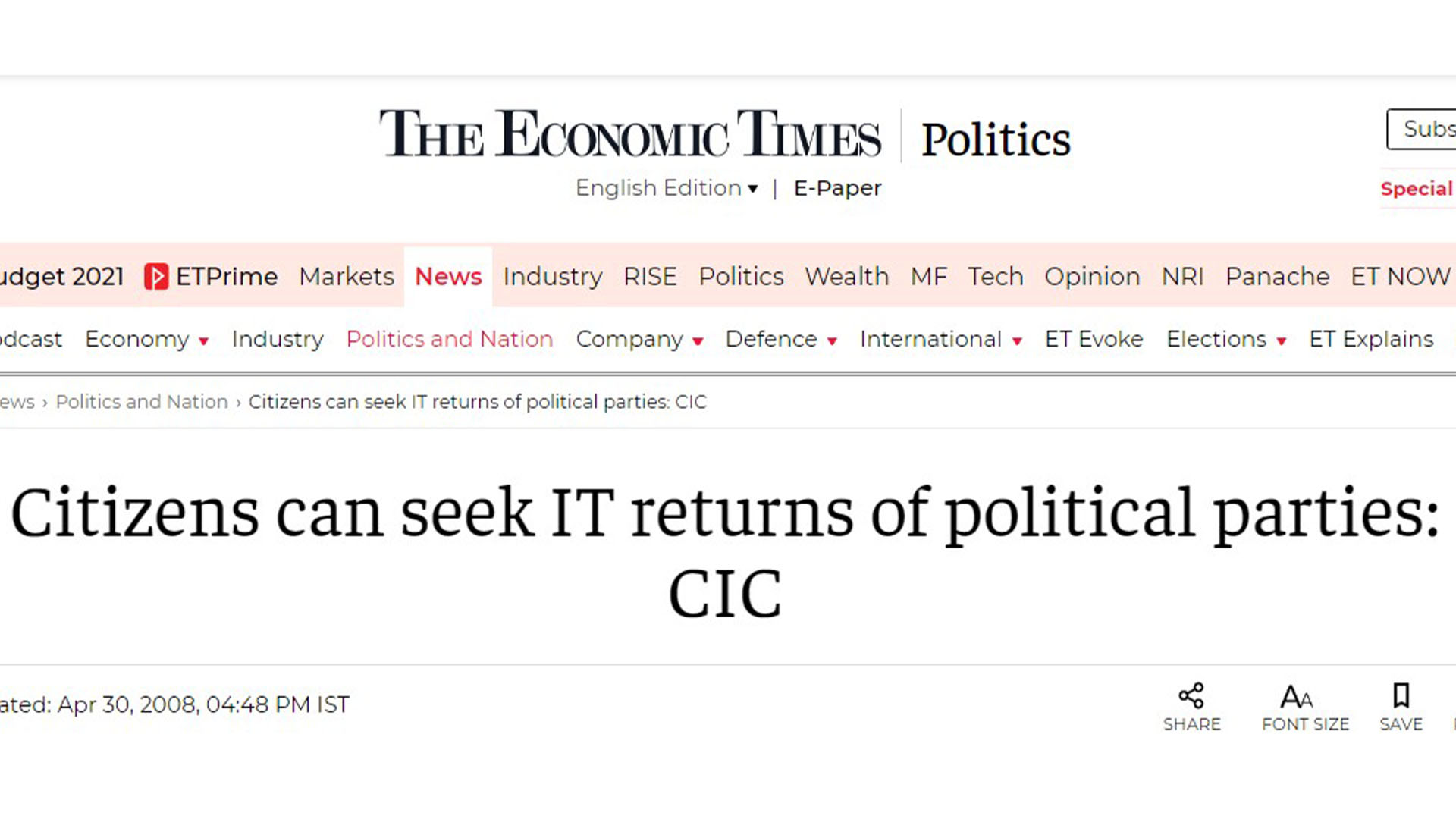 I.T Returns of political parties brought in the public domain, 2008: CIC Orde